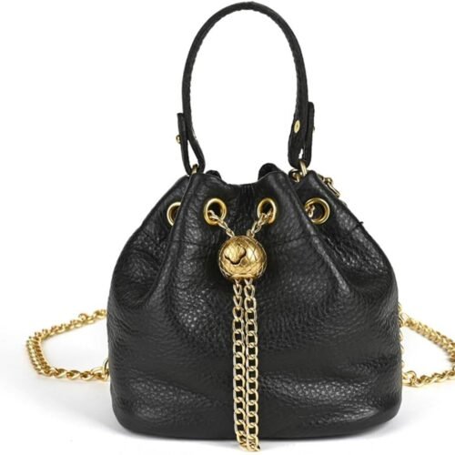 Genuine Leather Bucket Shoulder Bag for Women with Chain Strap and Elegant Crossbody Style