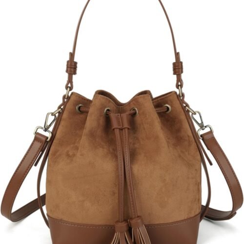 Faux Suede Bucket Bag for Women Drawstring Crossbody Purse Medium Tote Handbag with Dual Shoulder Straps and Removable Long Strap