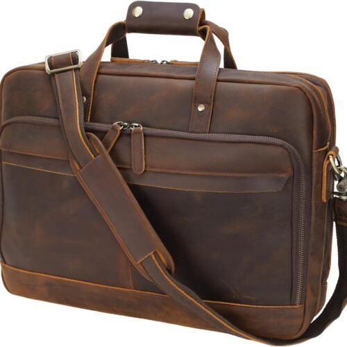 Crazy Horse Leather Laptop Briefcase with Hidden Luggage Strap