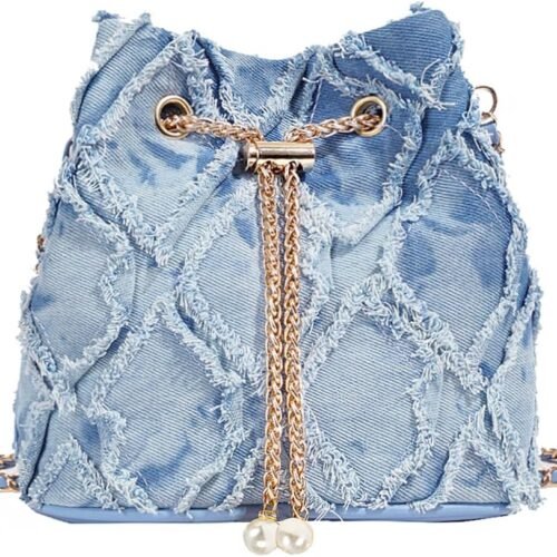 Denim Quilted Bucket Bag for Women Drawstring Shoulder Handbag with Chain Strap and Crossbody Design