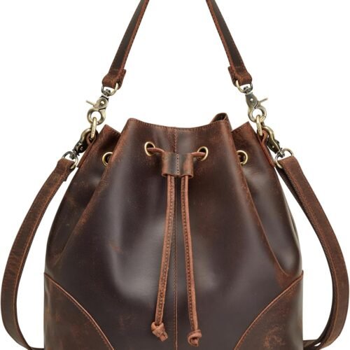 Genuine Leather Bucket Bag for Women Drawstring Crossbody Shoulder Handbag with Top Handle and Dual Straps
