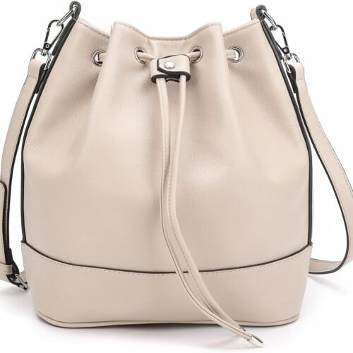 Leather Bucket Bags and Drawstring Crossbody for Women Medium Tote and Handbags with 2 Shoulder Straps