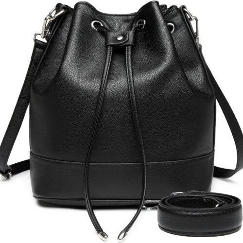 Leather Bucket Bag for Women Drawstring Crossbody Purse Medium Tote and Handbag with Two Shoulder Straps