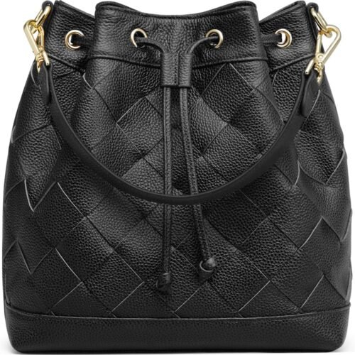 Woven Leather Bucket Bag for Women Drawstring Crossbody Shoulder Purse with Dual Straps